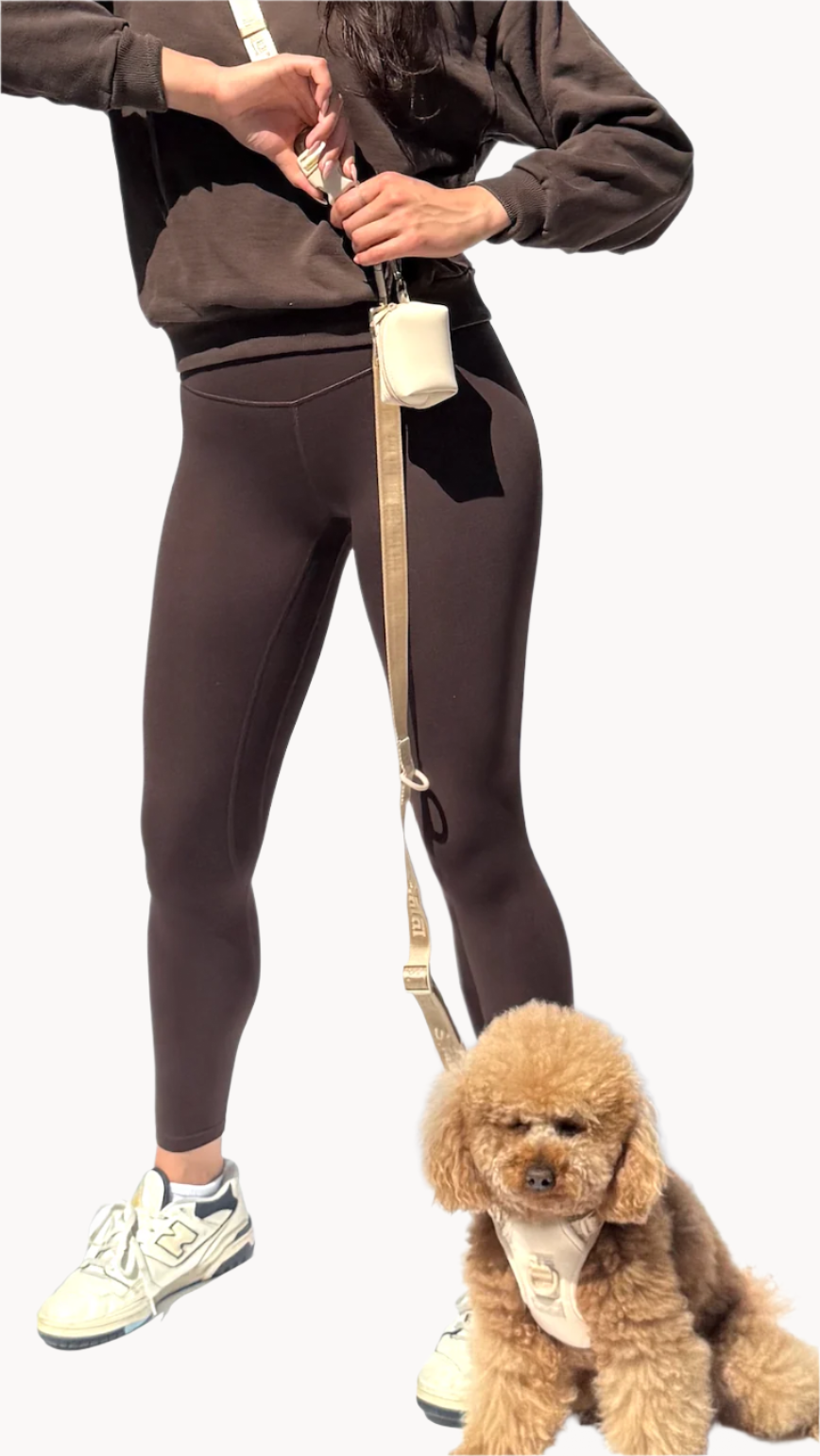 Lulu the poodle wearing Lulu’s from Cali oat harness, sitting beside a model using the matching oat hands-free dog leash and crossbody poop bag pouch.