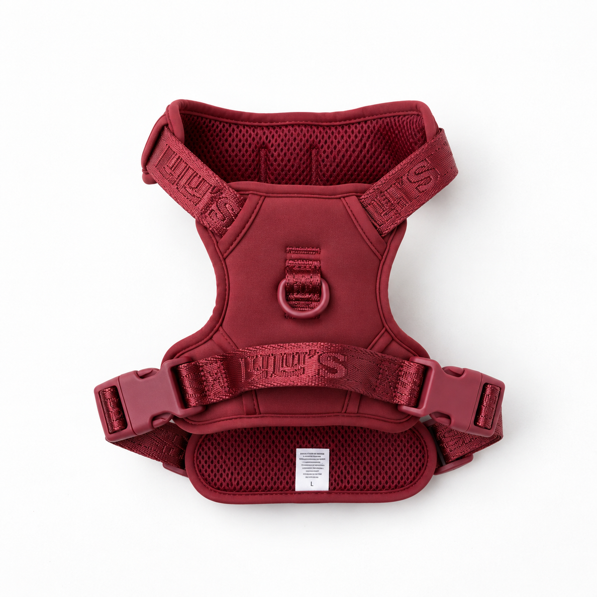 Cherry Red Lulu’s from Cali adjustable dog harness, back view