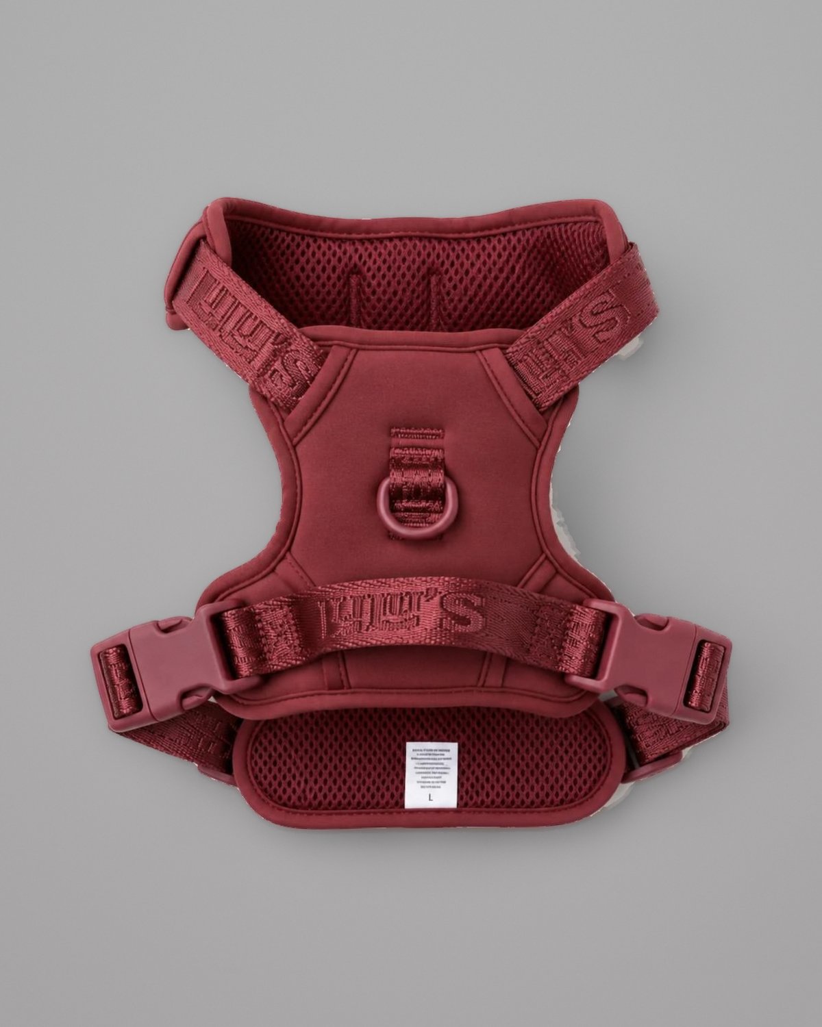 Cherry Red LULU’S from Cali adjustable dog harness, back view on a grey studio background