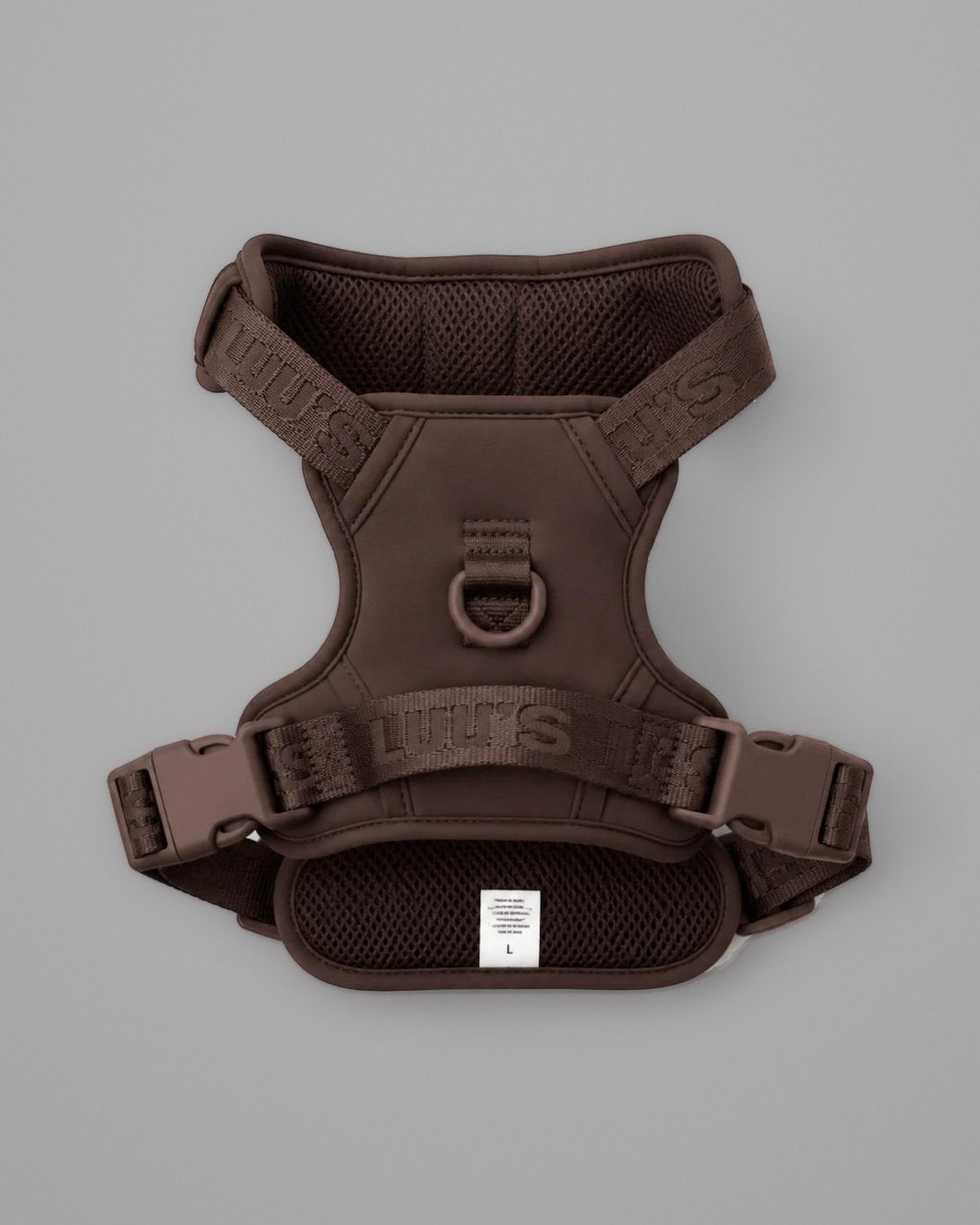 Espresso Brown LULU’S from Cali adjustable dog harness, back view on a grey studio background
