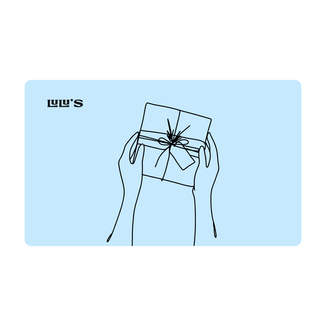 Illustration of hands holding a gift box tied with a ribbon, with the Lulu's logo in the top left corner, set against a light blue background.