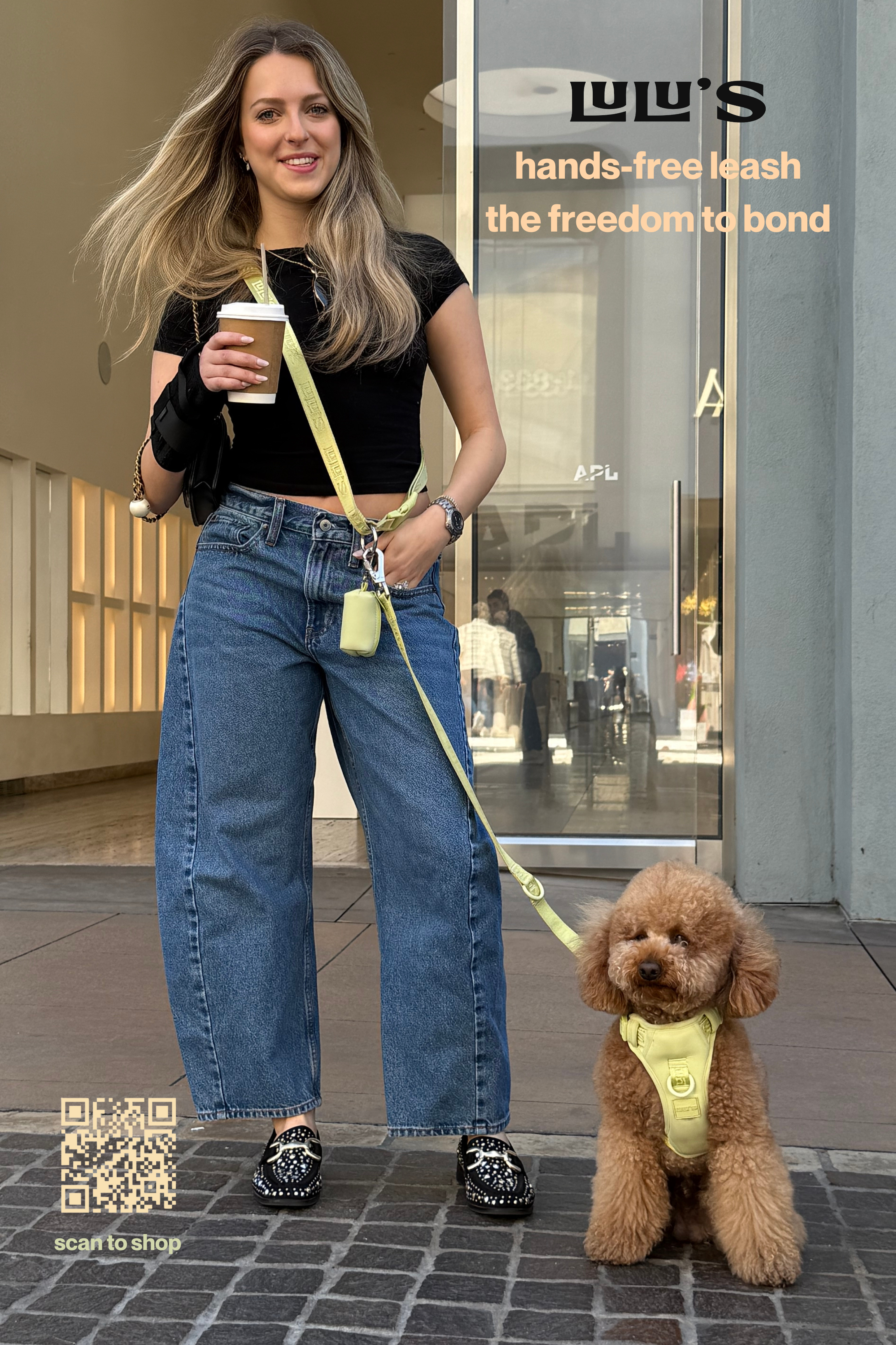 Woman walking a small dog with Lulu’s from Cali Matcha Green hands-free leash and matching harness.