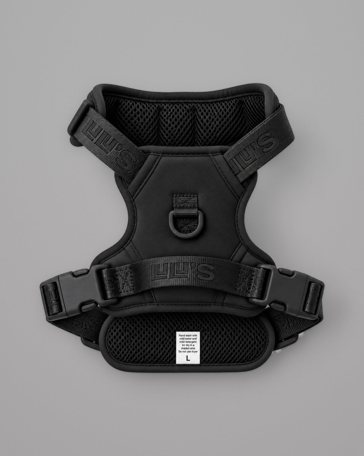 Midnight Black LULU’S from Cali adjustable dog harness, back view on a grey studio background