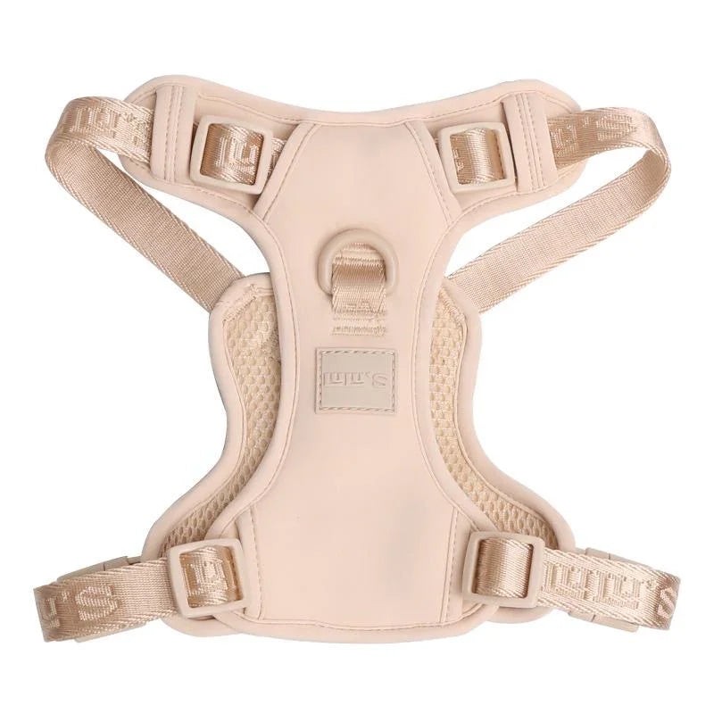 Back view of an Oat Beige dog harness, showcasing its adjustable straps, breathable mesh design, and secure fastening system.