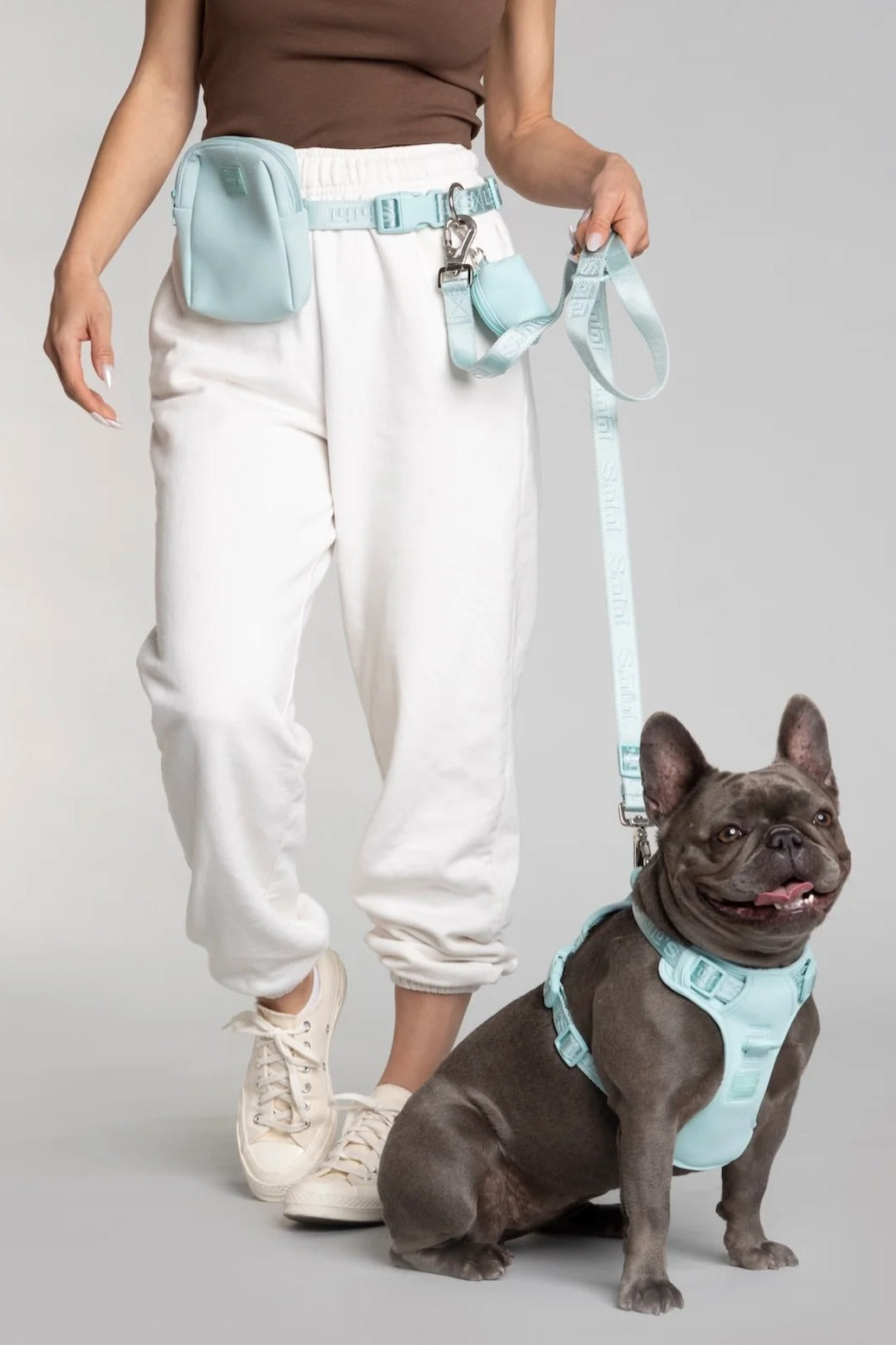 Person wearing a light blue dog harness and leash with a dog sitting next to them on a plain background