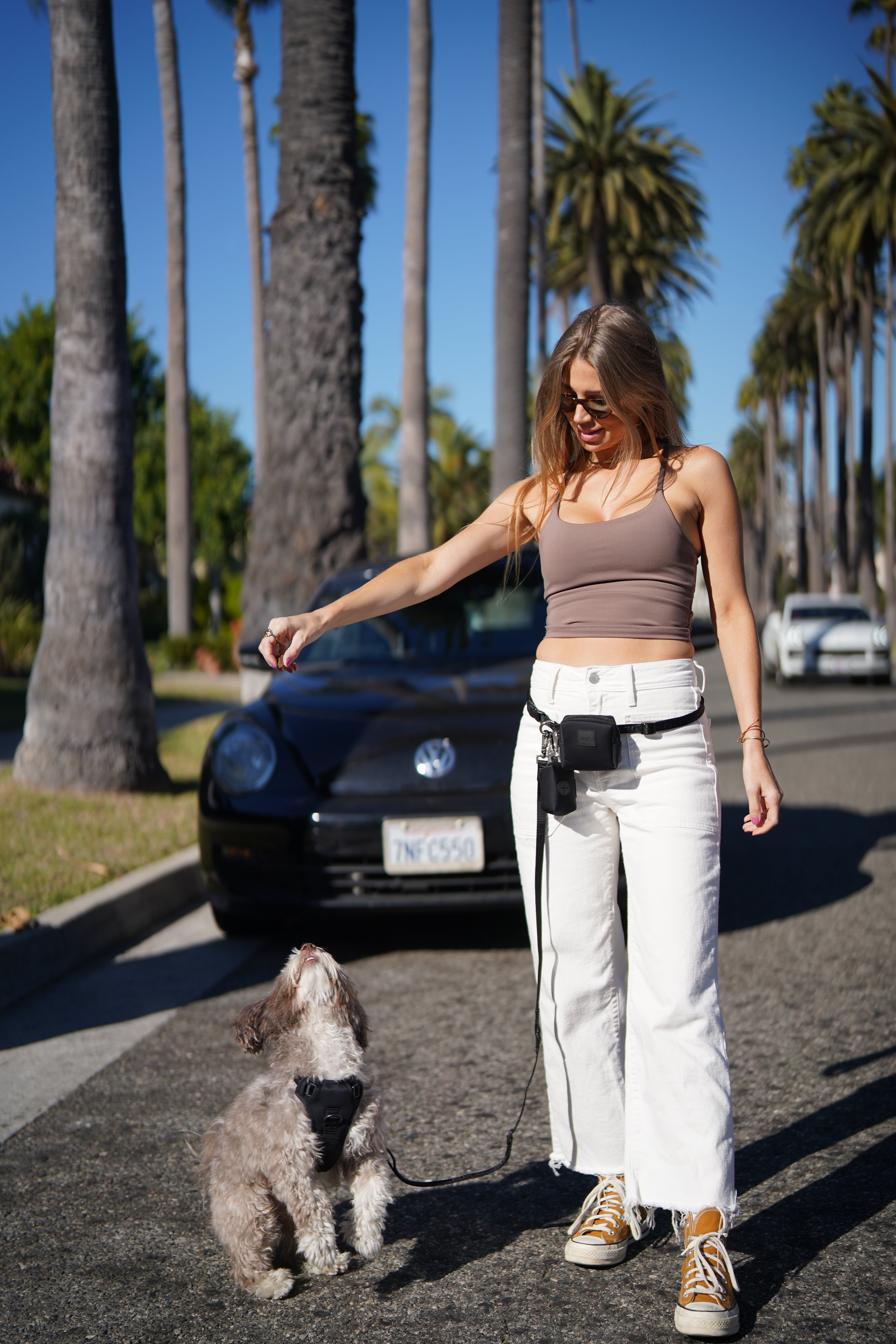 Young woman smiling and interacting with her small fluffy dog, which is sitting attentively. She is wearing Lulu's from Cali hands-free leash and pouch set in the color midnight black, paired with white pants, a beige tank top, and tan sneakers. The scene features a sunny day with palm trees and parked cars in the background.