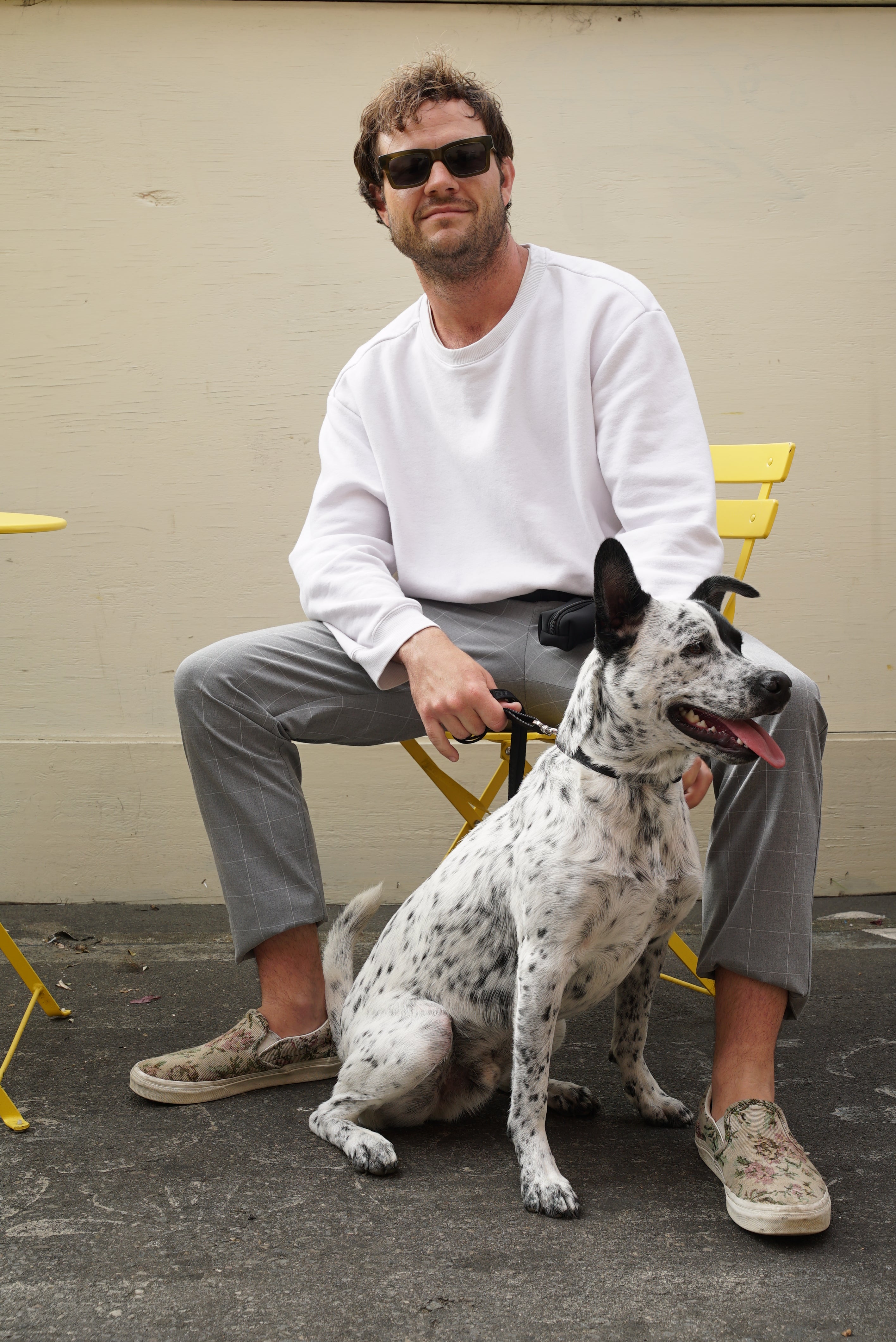 A man wearing sunglasses and a white sweatshirt sitting on a yellow chair with a black and white dog sitting next to him. The man is holding the dog's leash, which is a product from Lulu's from Cali, and both are looking off to the side.