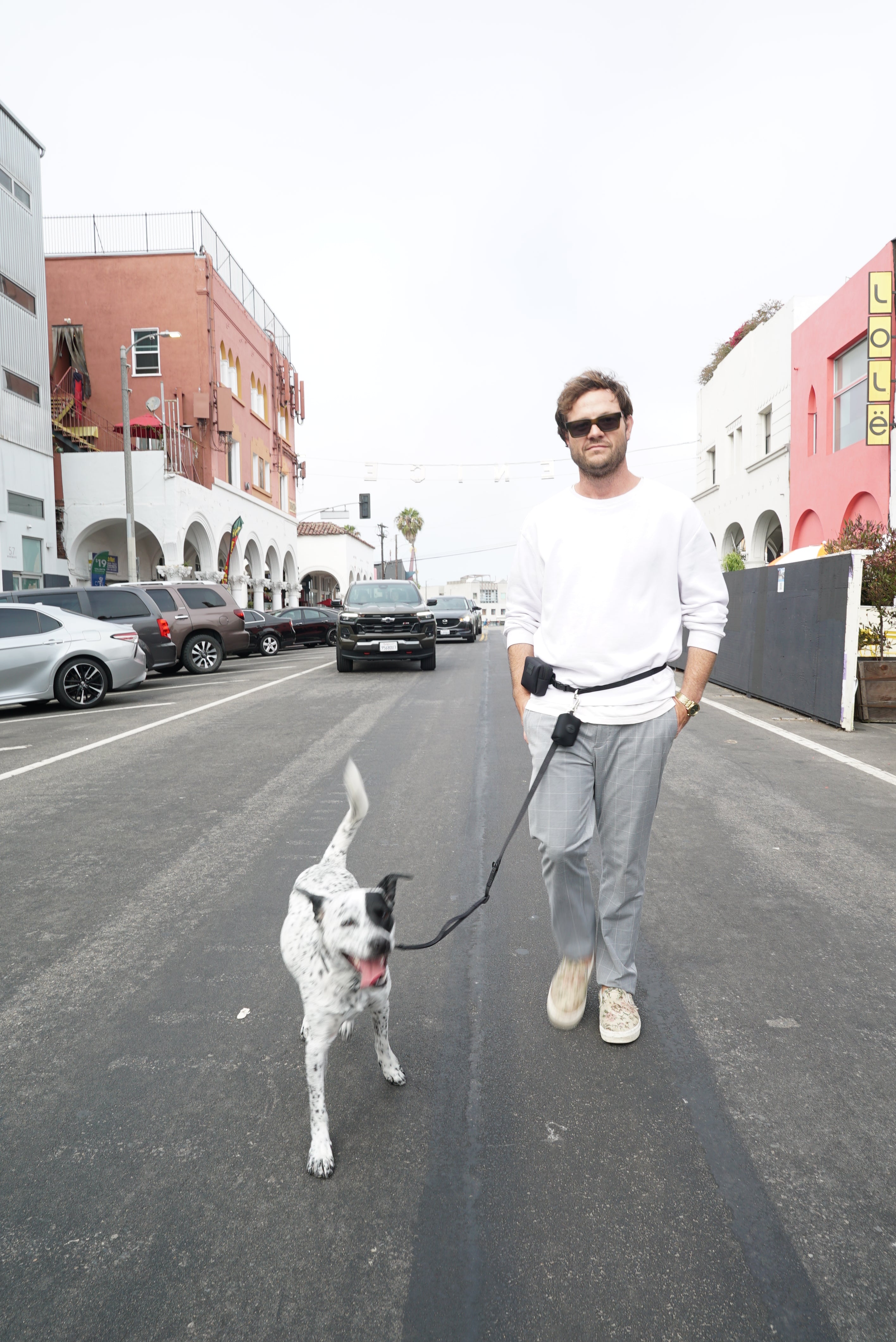 A man wearing a white sweatshirt, gray pants, and sunglasses walks down the street with his black and white spotted dog on a leash. The man is using a Lulu's from Cali hands-free leash in Midnight black, worn as a crossbody. The dog is wearing a harness from the same brand. They are in an urban setting with colorful buildings and parked cars lining the street.