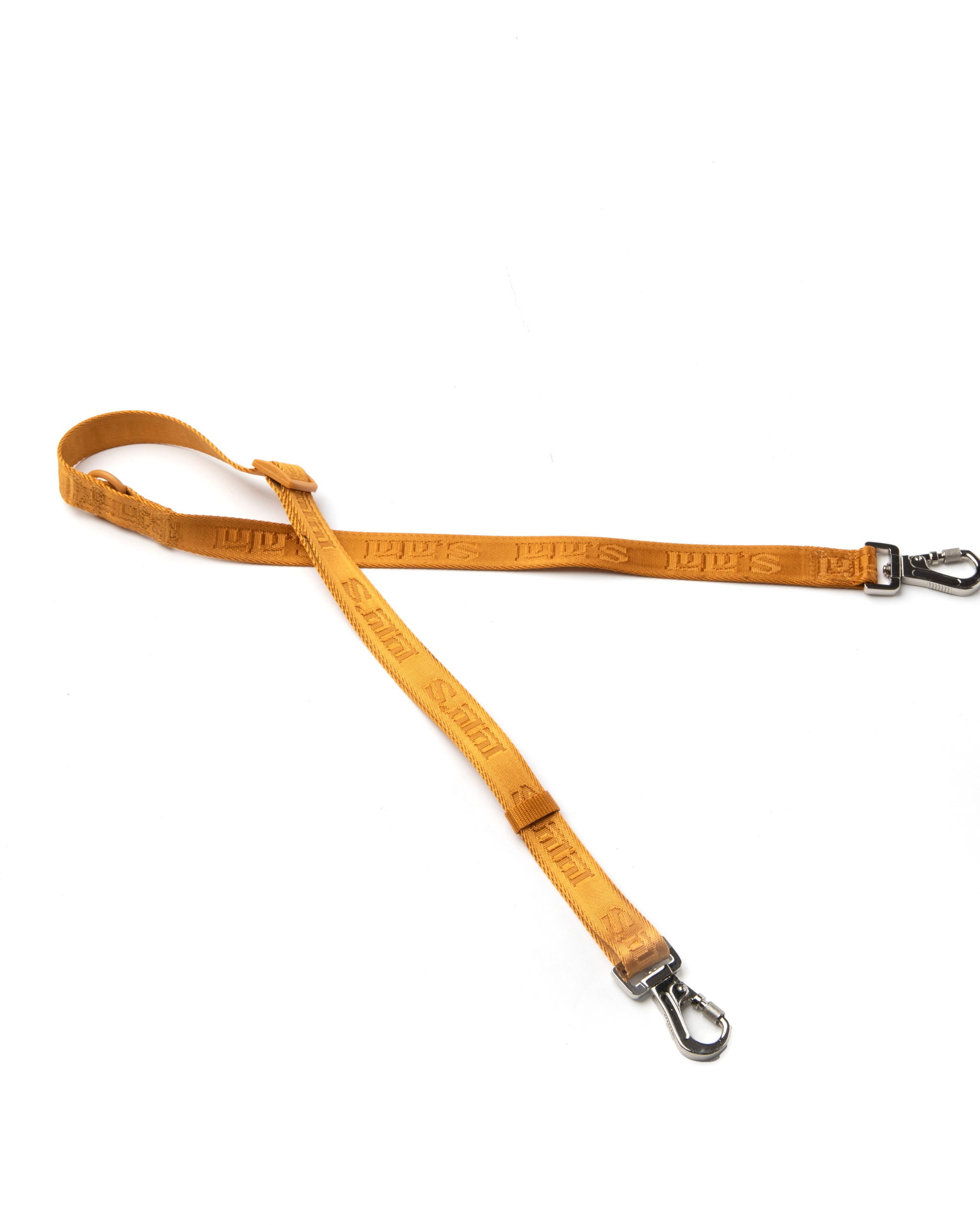 A Sand Orange Lulu's adjustable dog leash with metal clips on both ends, featuring the brand's logo and a durable design, laid out flat