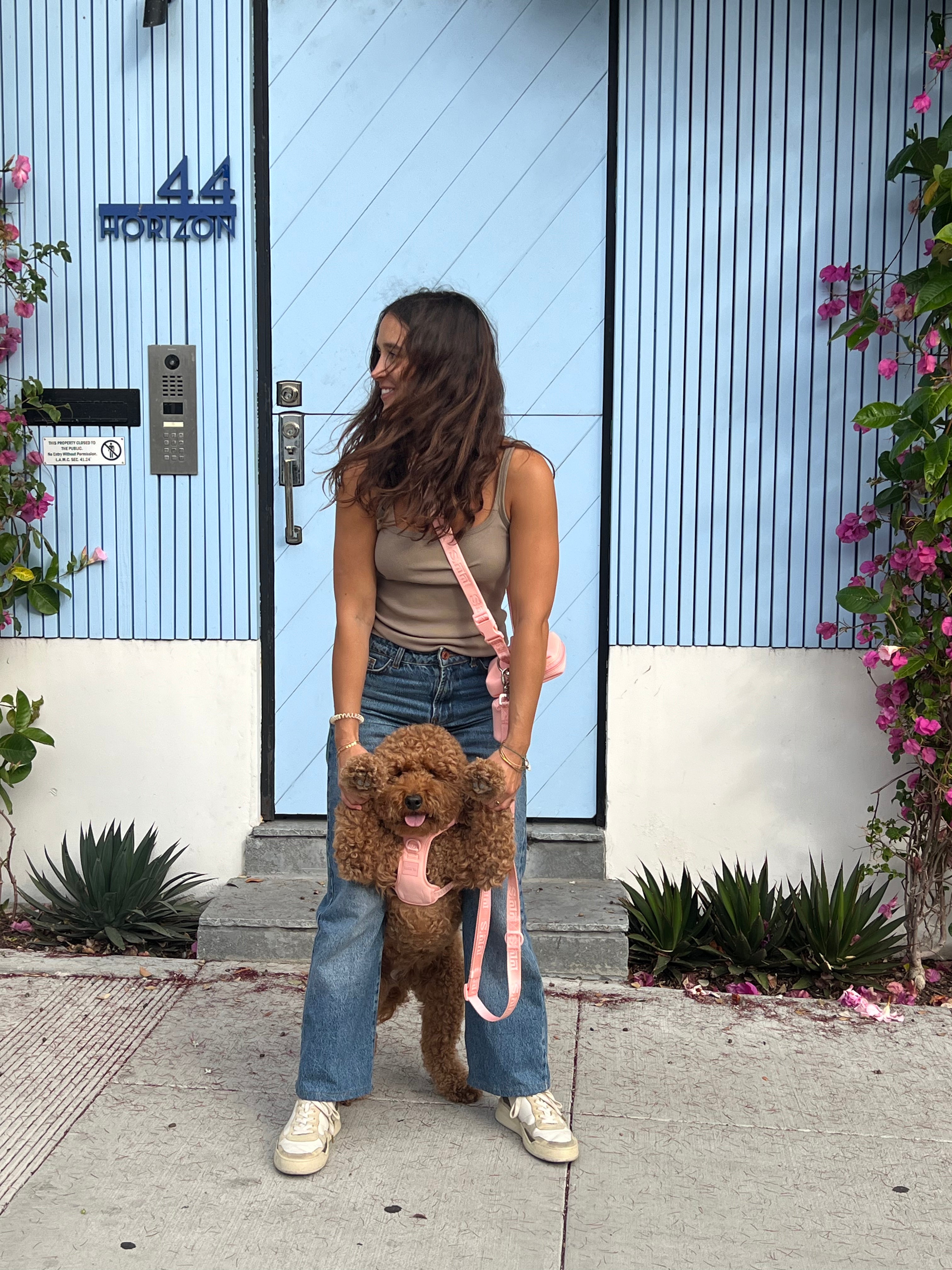 Woman smiling while holding up a curly brown doodle dog wearing a blush pink harness and leash from Lulu’s from Cali, styled with a cross-body belt in front of a pastel blue door and blooming flowers.
