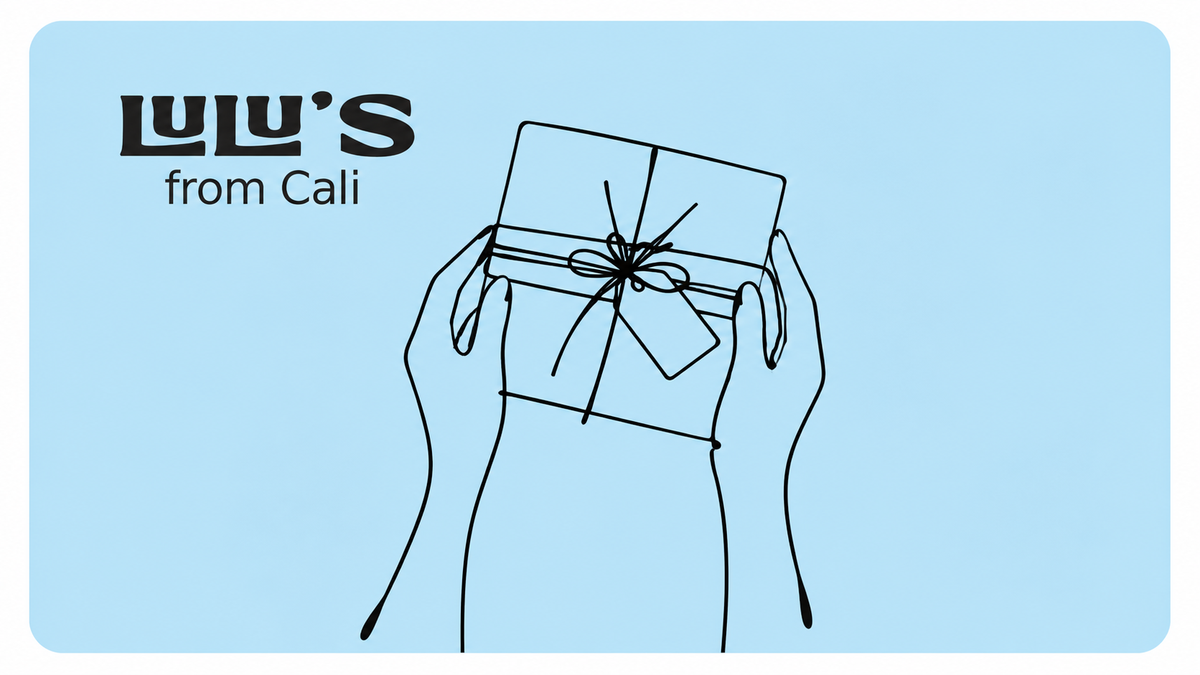 A light blue gift card featuring the text 'LULU'S from Cali' in black on the upper left, alongside a simple black line drawing of hands holding a wrapped gift box.