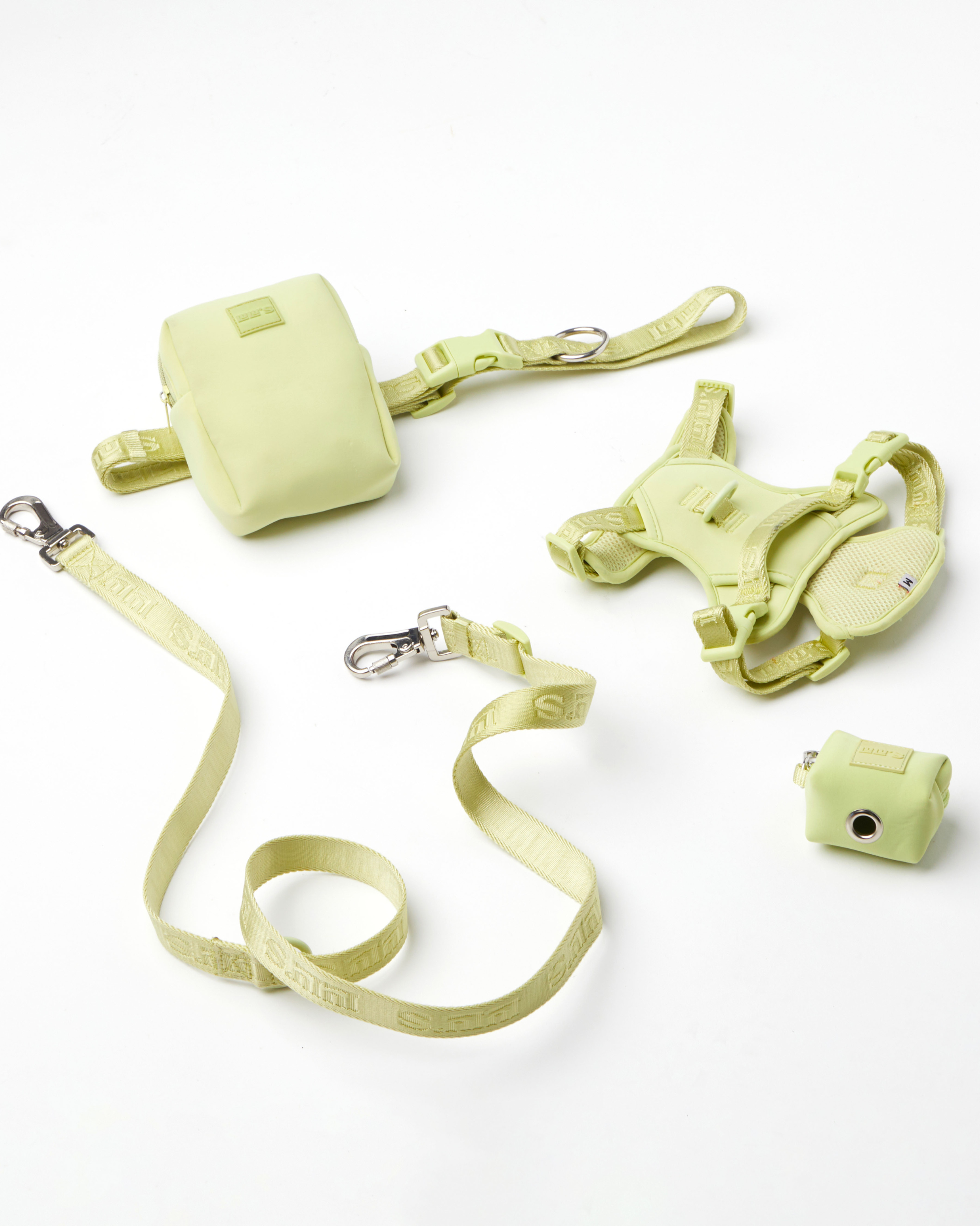 Matcha Green dog harness, leash, and accessories set by Lulu's