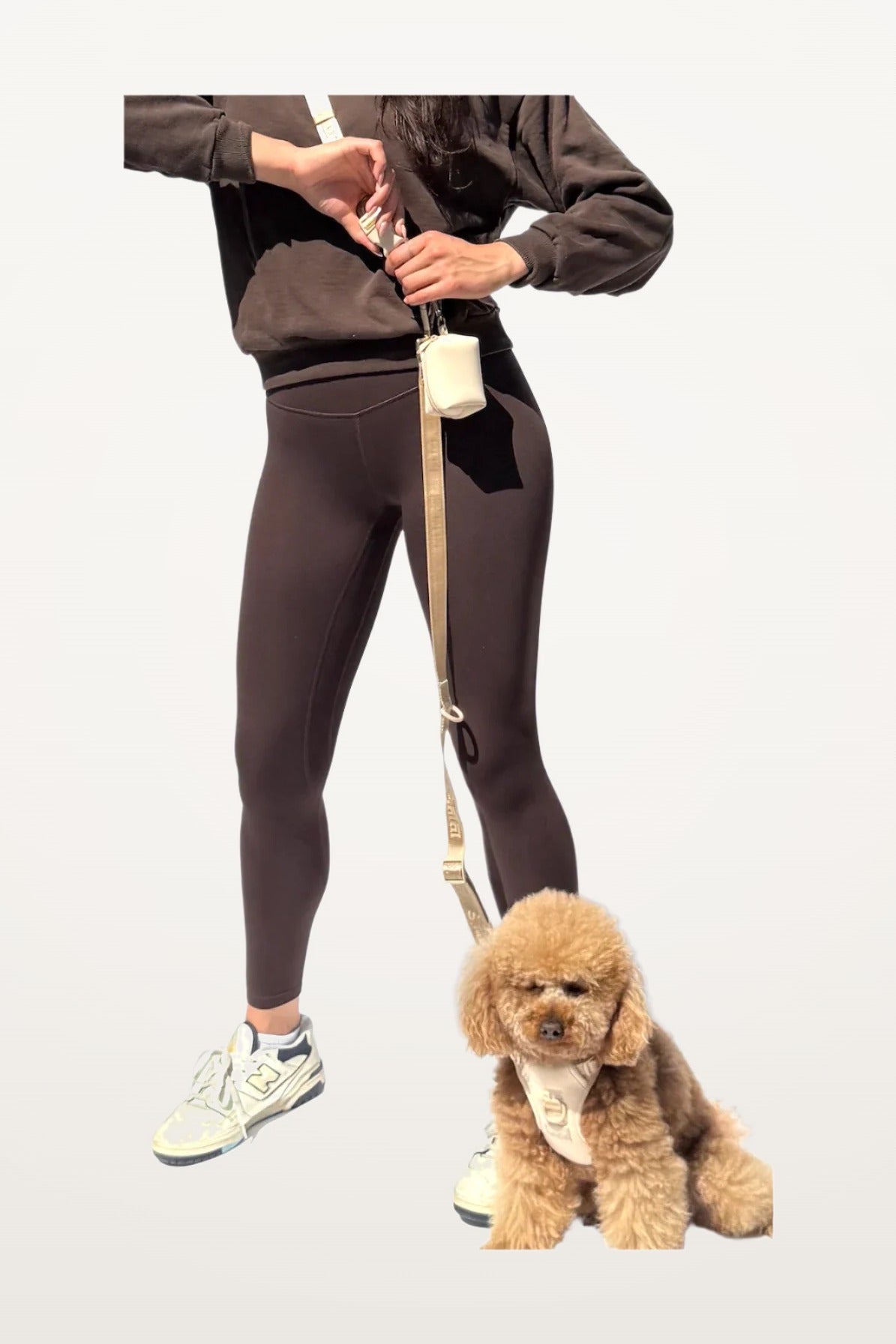 Lulu the poodle wearing a Lulu’s from Cali Oat Beige harness, sitting beside a model wearing the matching Oat Beige hands-free leash crossbody, with the Oat Beige Waste Bag Pouch clipped on.