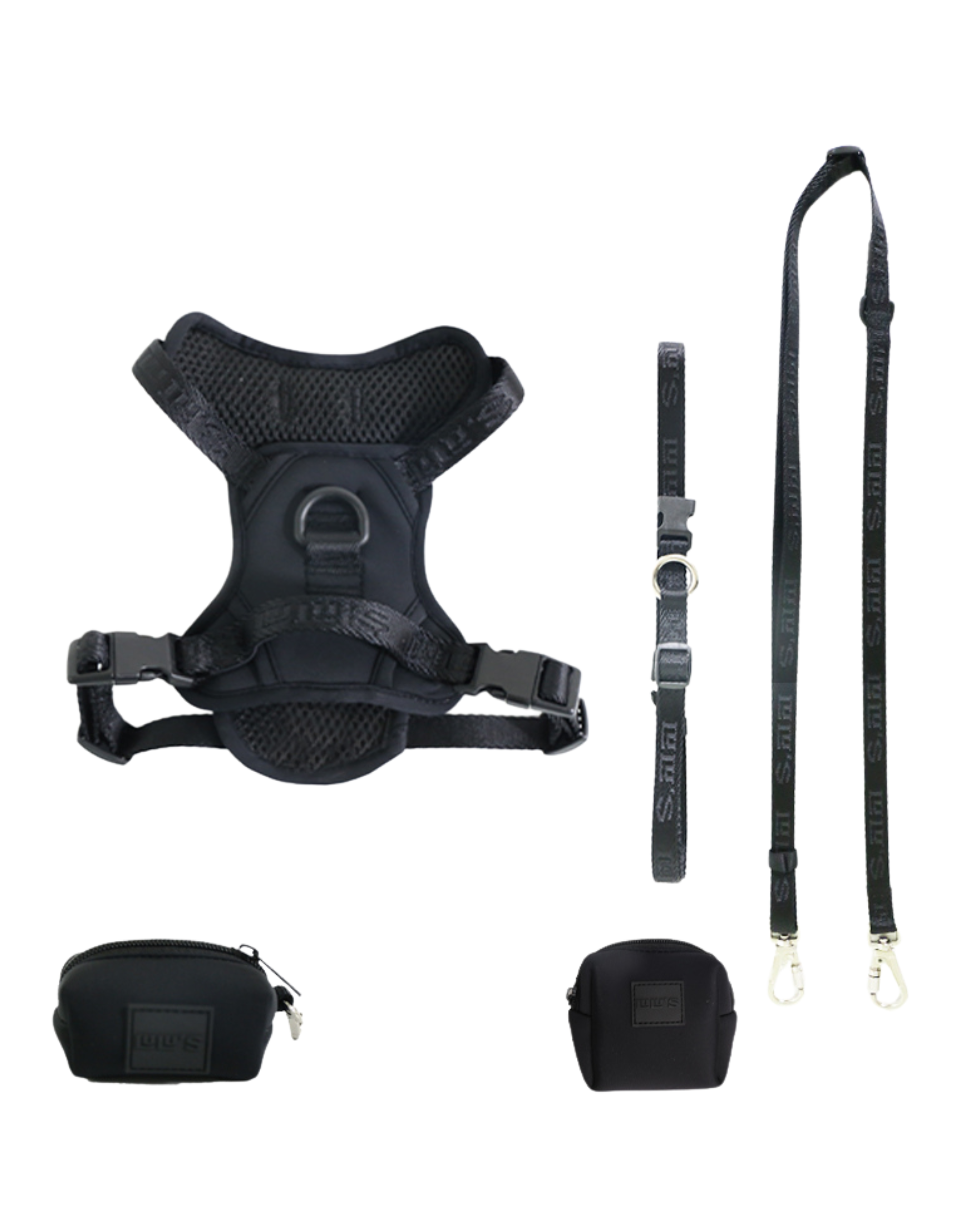 LULU's set in Midnight black, featuring a harness, a belt with an accessory pouch, a small poop bag holder, and a leash. The set highlights coordinated dog walking accessories designed for both style and practicality