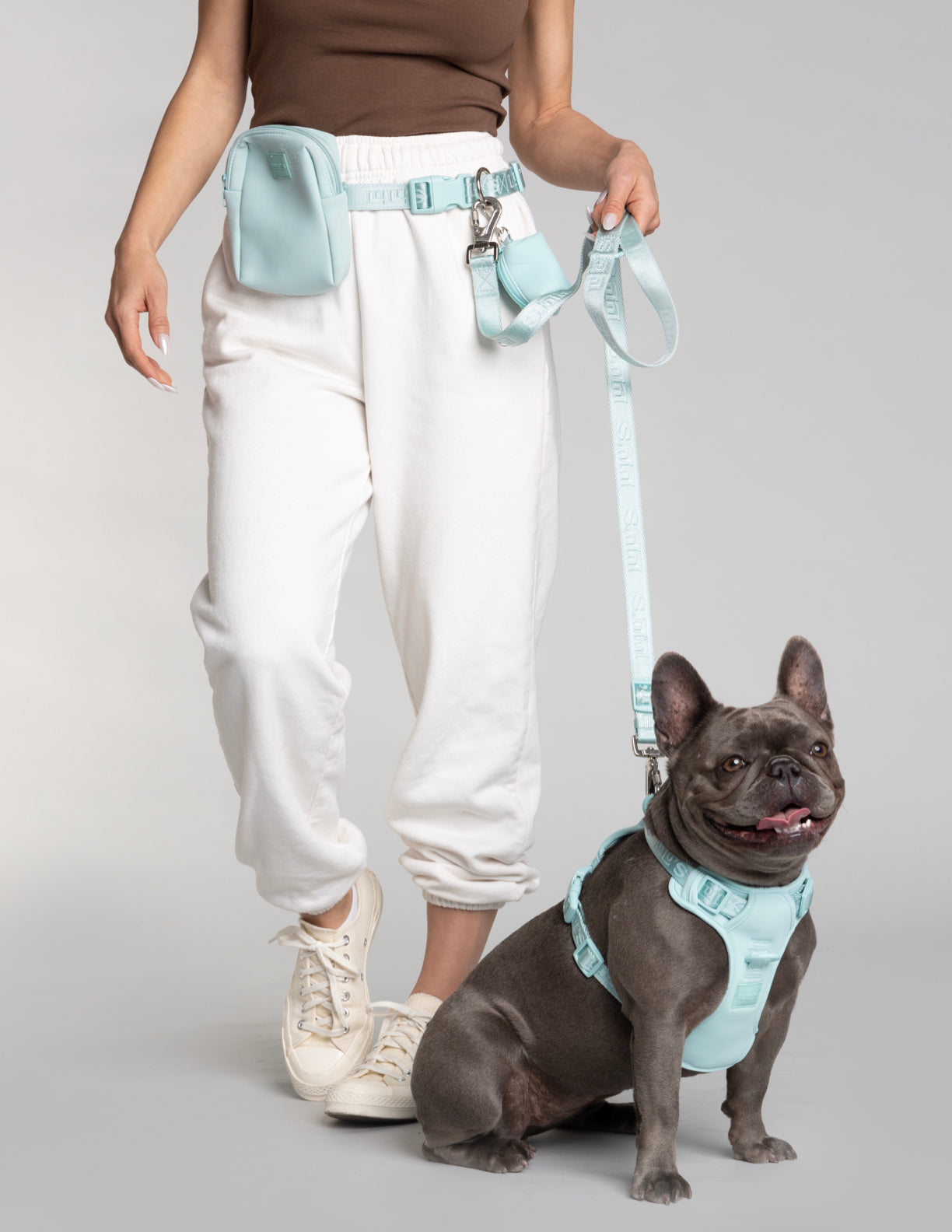 Woman wearing a full hands-free dog walking set in Cali Blue from Lulu’s from Cali, including a belt, leash, waste bag pouch, and treat pouch, standing beside a French Bulldog wearing the matching Cali Blue harness.