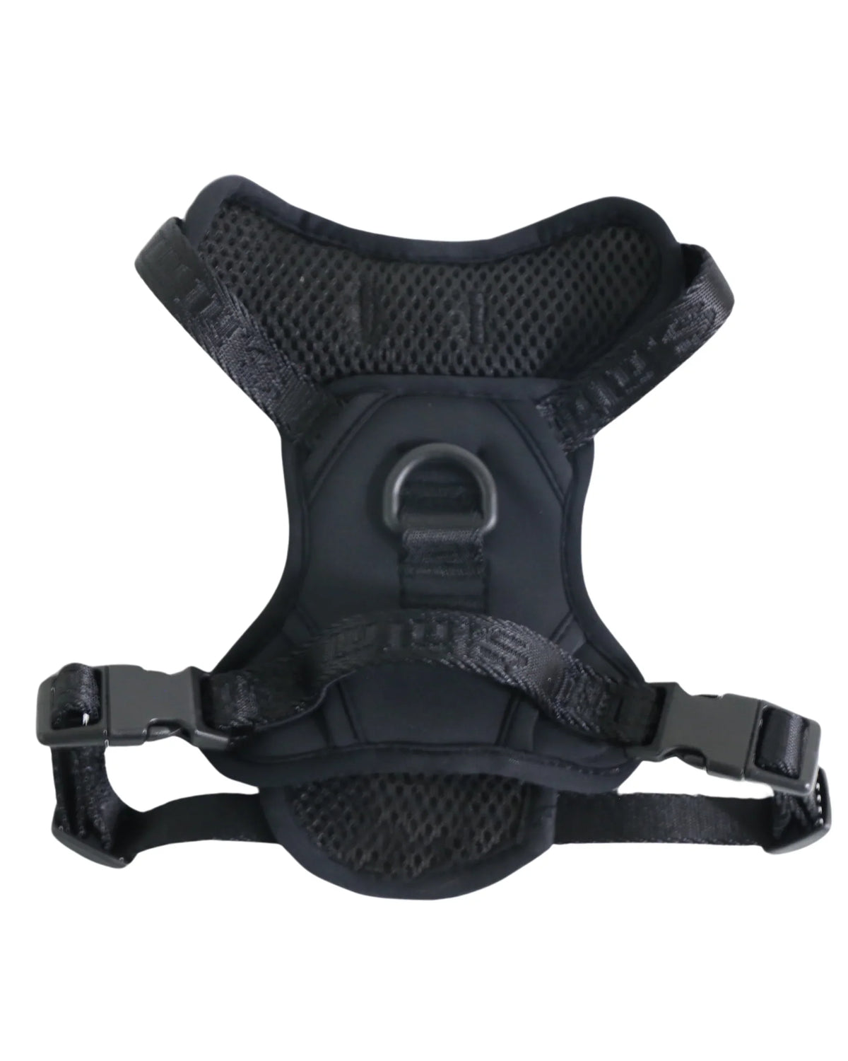 Back view of a Midnight Black dog harness, showcasing its adjustable straps, breathable mesh design, and secure D-ring for leash attachment.