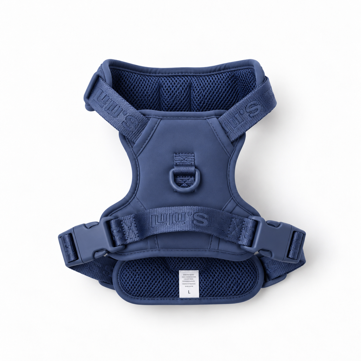 Blueberry Blue Lulu’s from Cali adjustable dog harness, back view