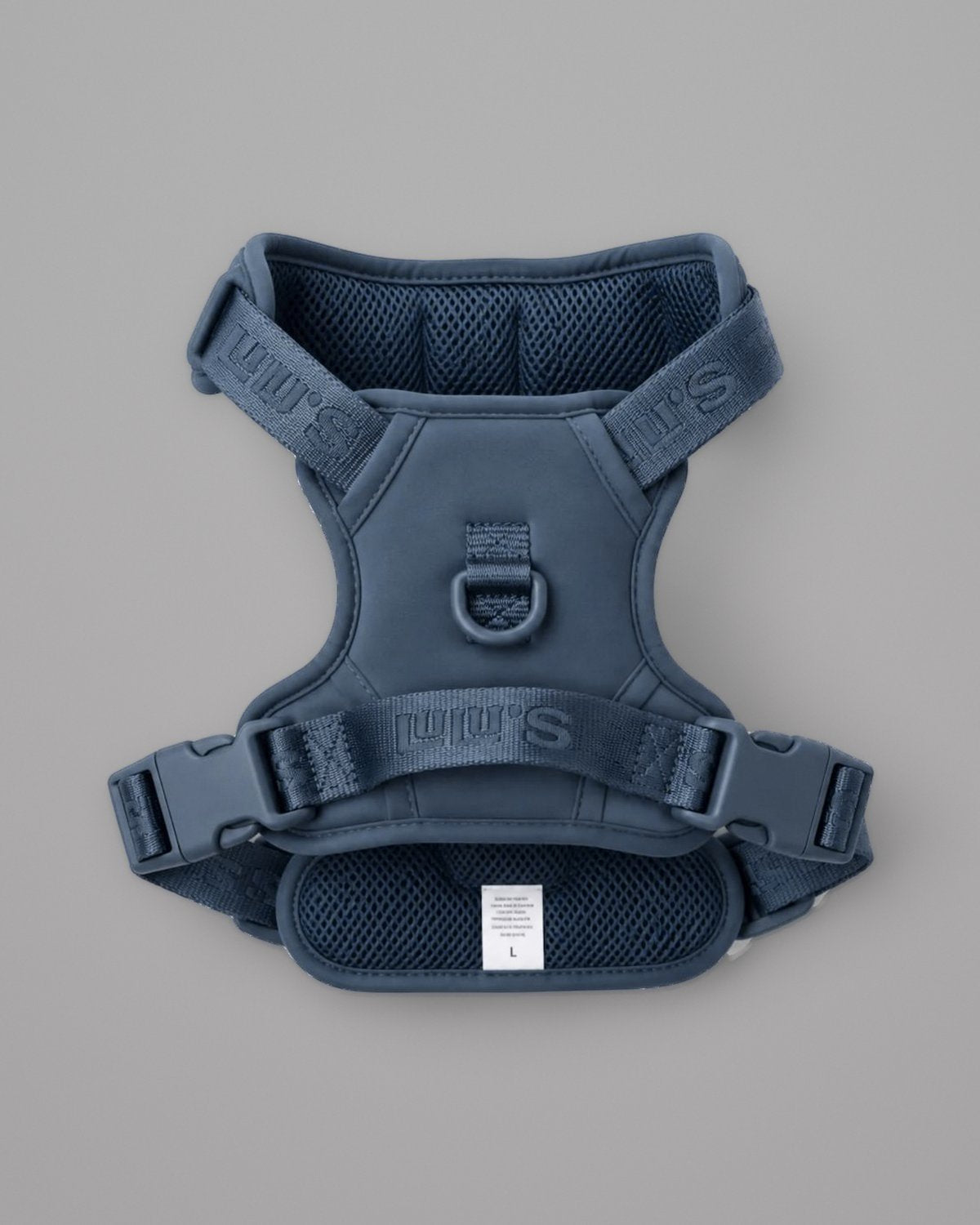 Blueberry Blue LULU'S from Cali adjustable dog harness, back view on a grey studio background