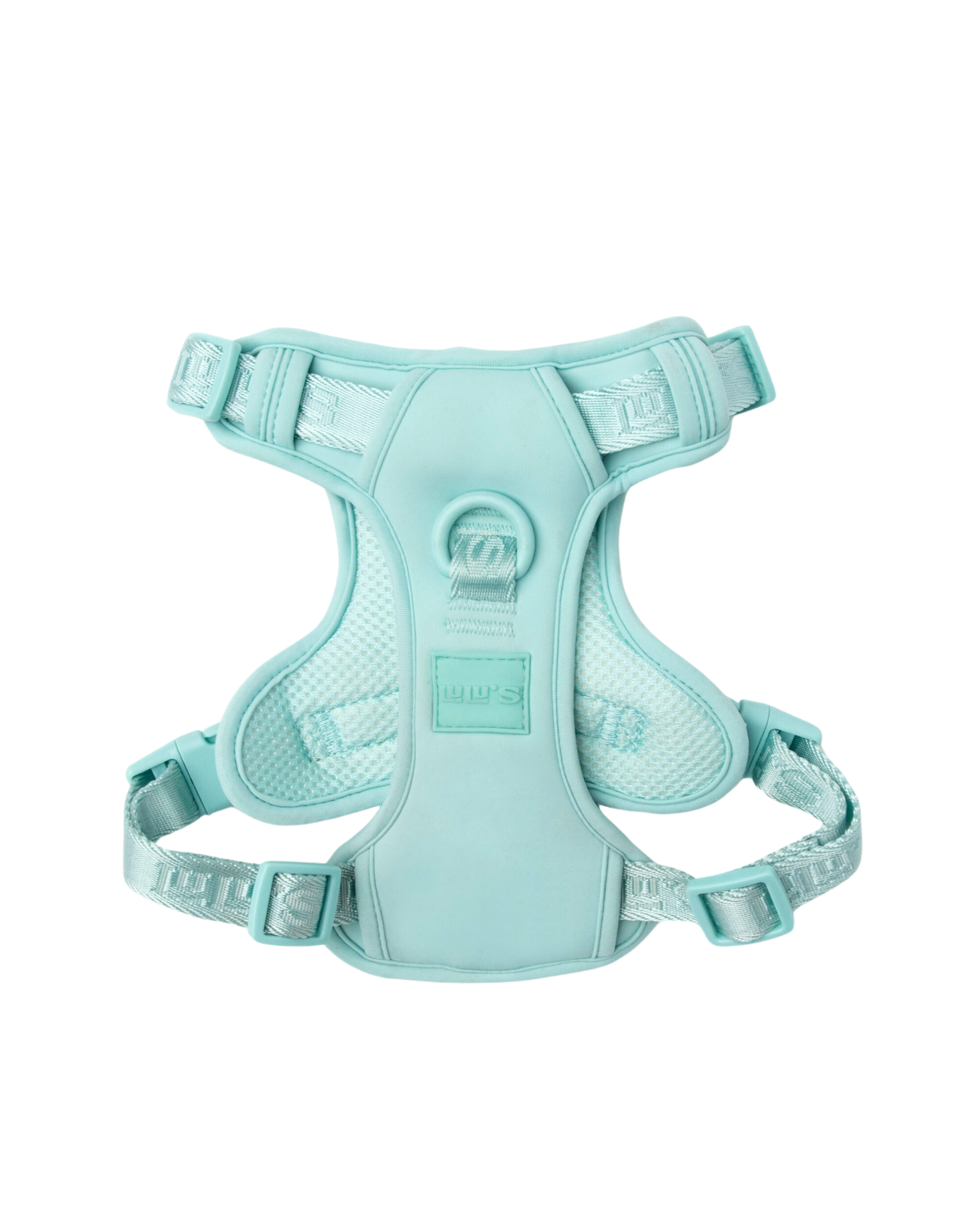 Back view of a Cali Blue dog harness, showcasing its adjustable straps, breathable mesh design, and secure fastening system