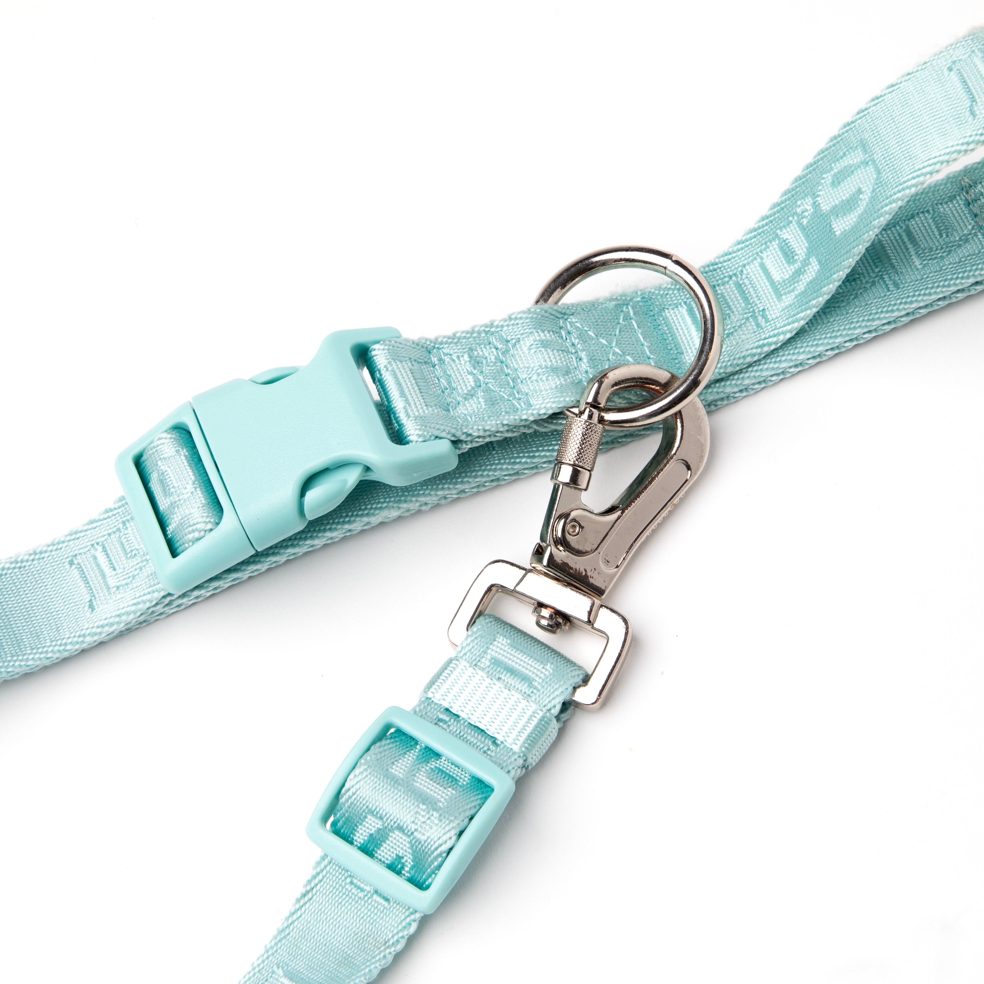 Close-up of Lulu’s from Cali Cali Blue dog leash featuring the adjustable buckle, metal clip, and signature woven logo detail.