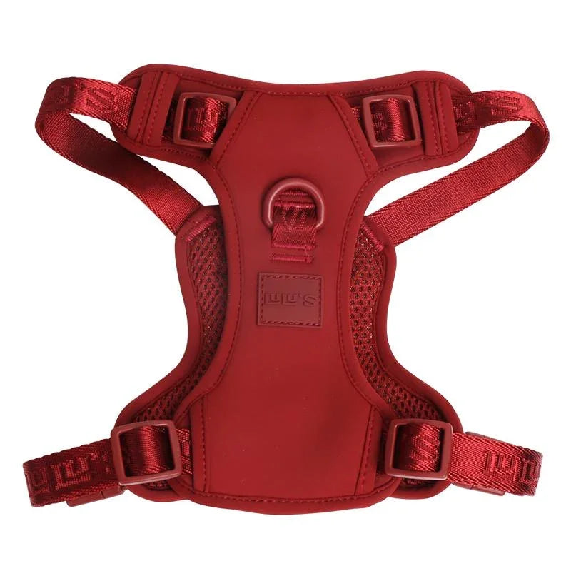 Front view of a Cherry Red dog harness, showcasing its adjustable straps, breathable mesh design, secure buckles, and reinforced grab handle.