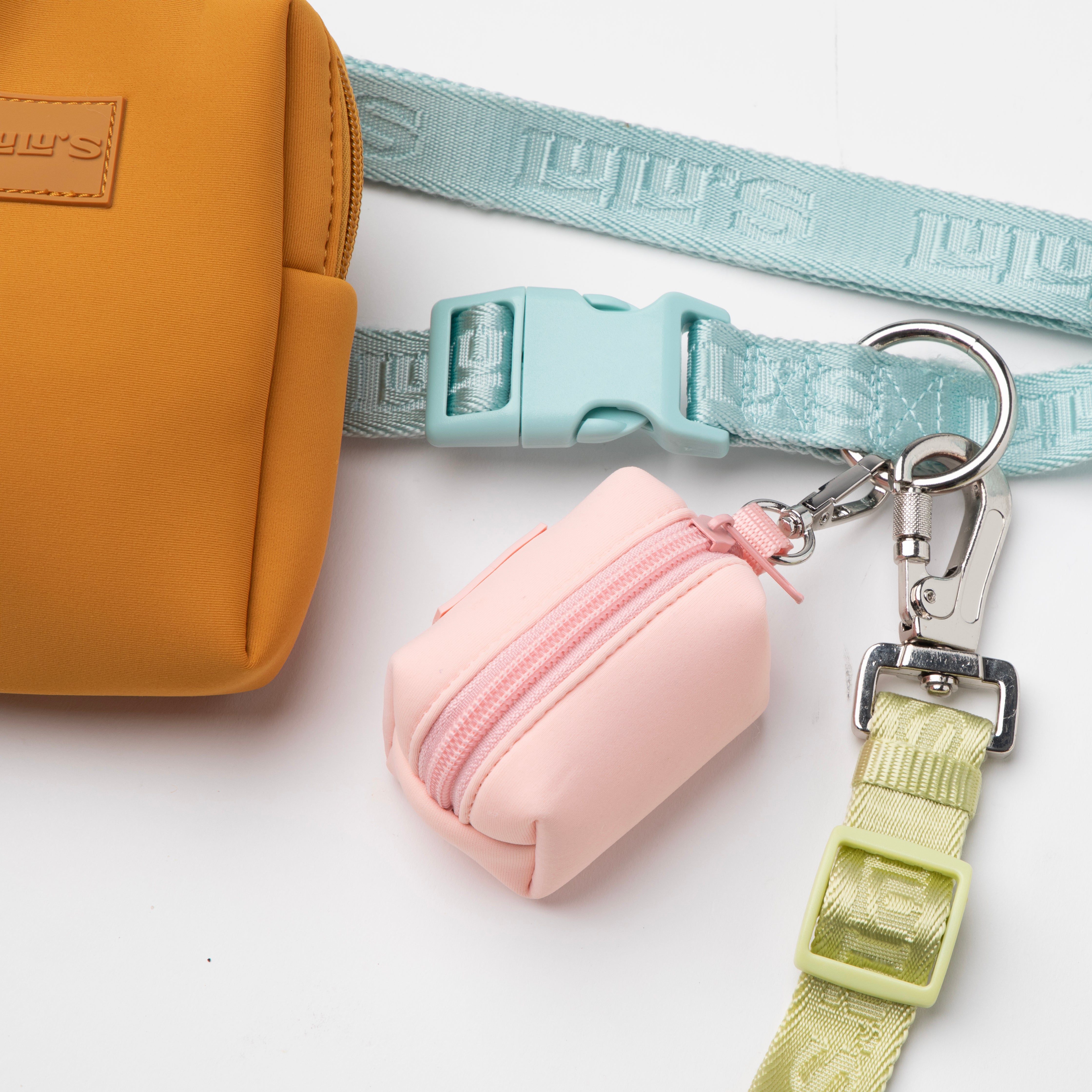 Lulu’s from Cali dog walking accessories featuring colorful leashes and matching pouches in Cali Blue, Blush Pink, Matcha Green, and Sand Orange.