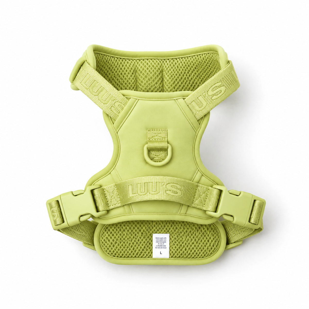 Matcha Green Lulu’s from Cali adjustable dog harness, back view