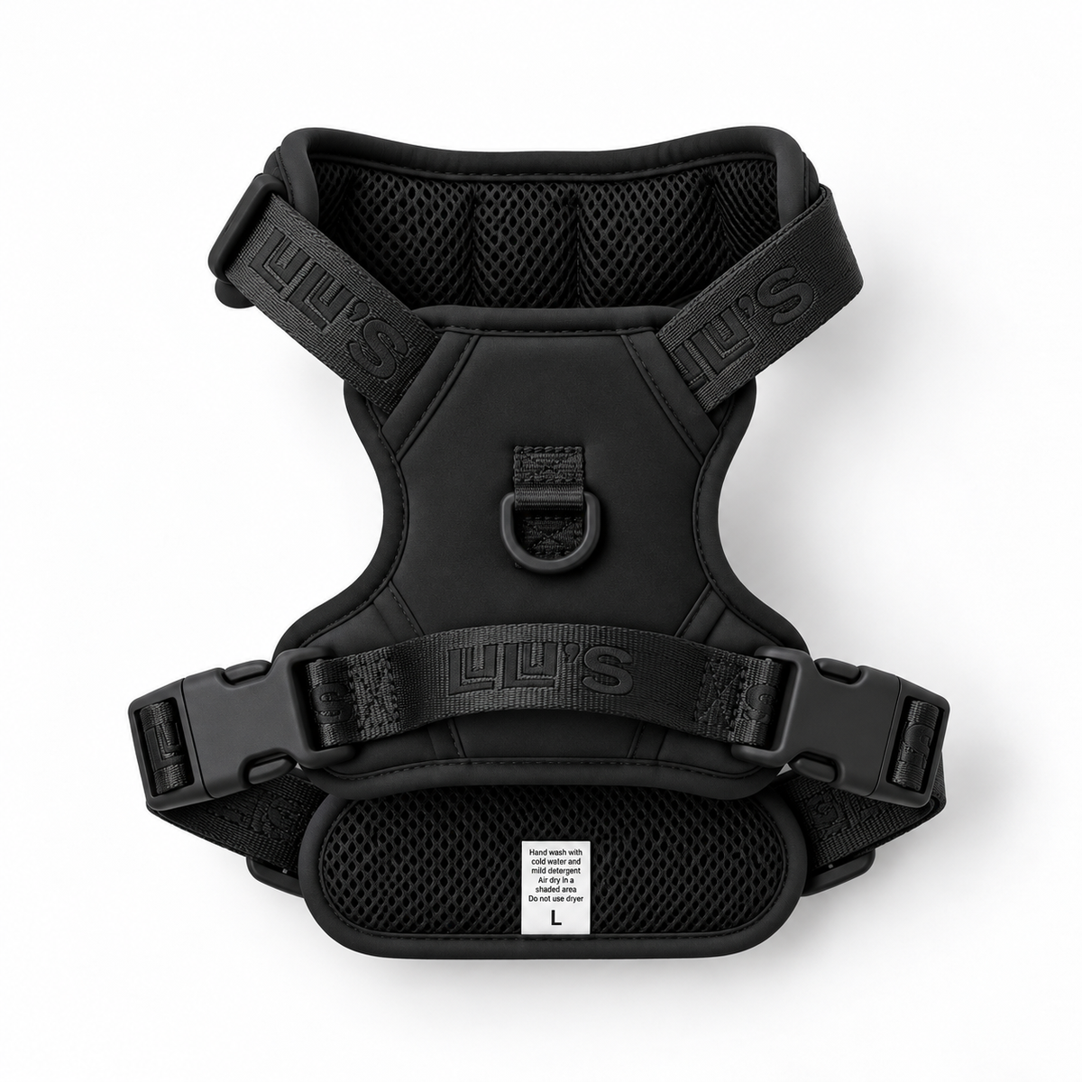 Midnight Black Lulu’s from Cali adjustable dog harness, back view