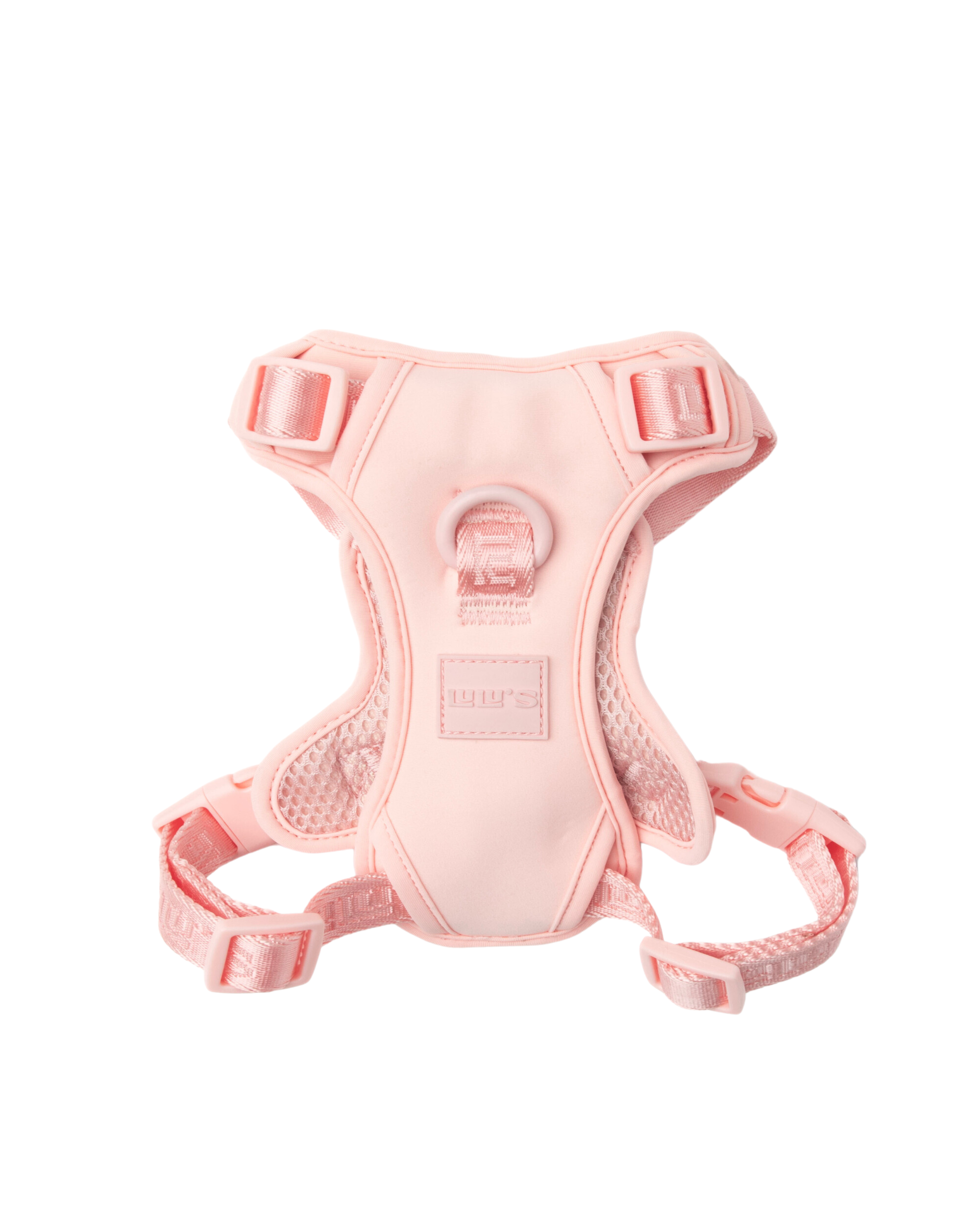 A Blush Pink dog harness displayed on a white background, showcasing its adjustable straps and breathable mesh design.
