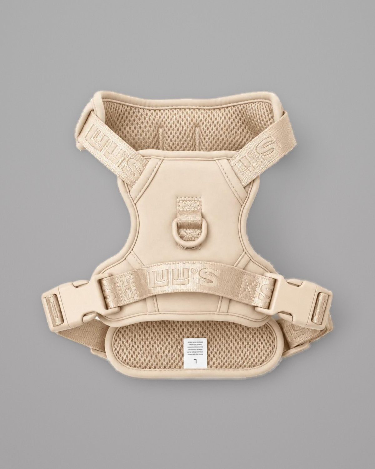 Oat Beige LULU’S from Cali adjustable dog harness, back view on a grey studio background