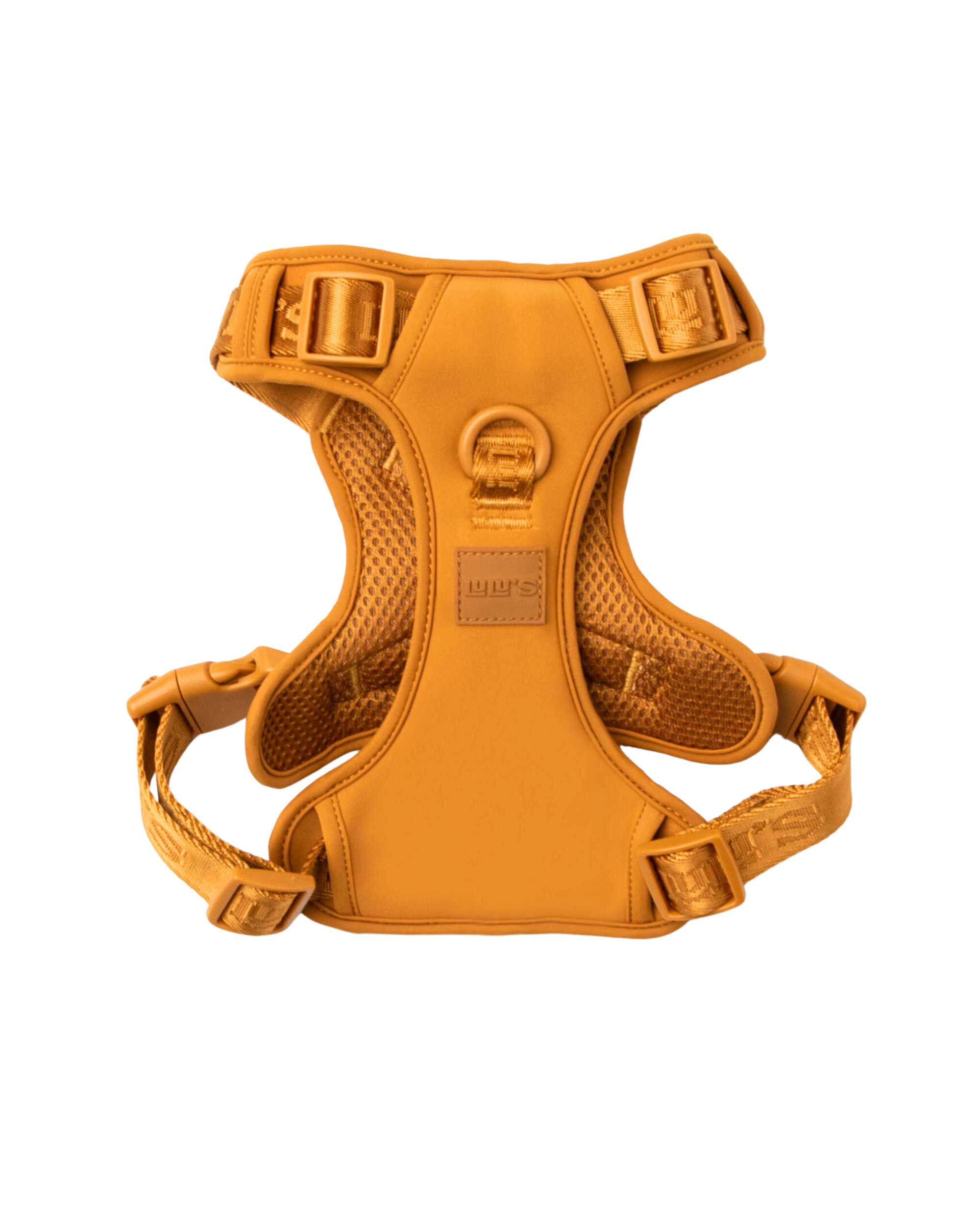 Back view of Sand orange dog harness with mesh padding and adjustable straps, featuring sturdy buckles and a D-ring for leash attachment.
