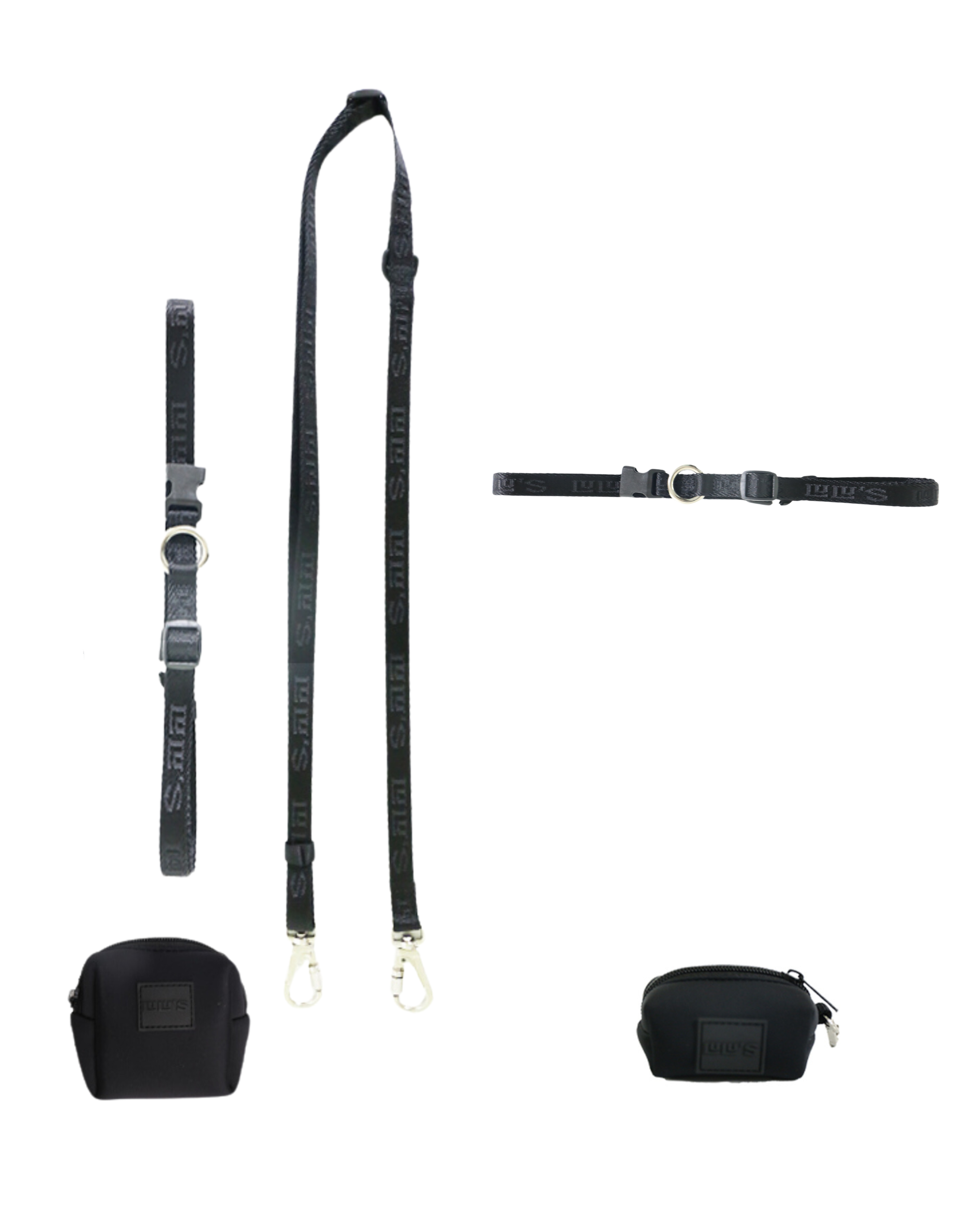 A complete Midnight black Lulu's dog walking set, including an adjustable leash with metal clips, an adjustable waist belt, a dog collar, a larger pouch, and a smaller poop bag holder, all featuring the brand's logo and a durable design, laid out flat.