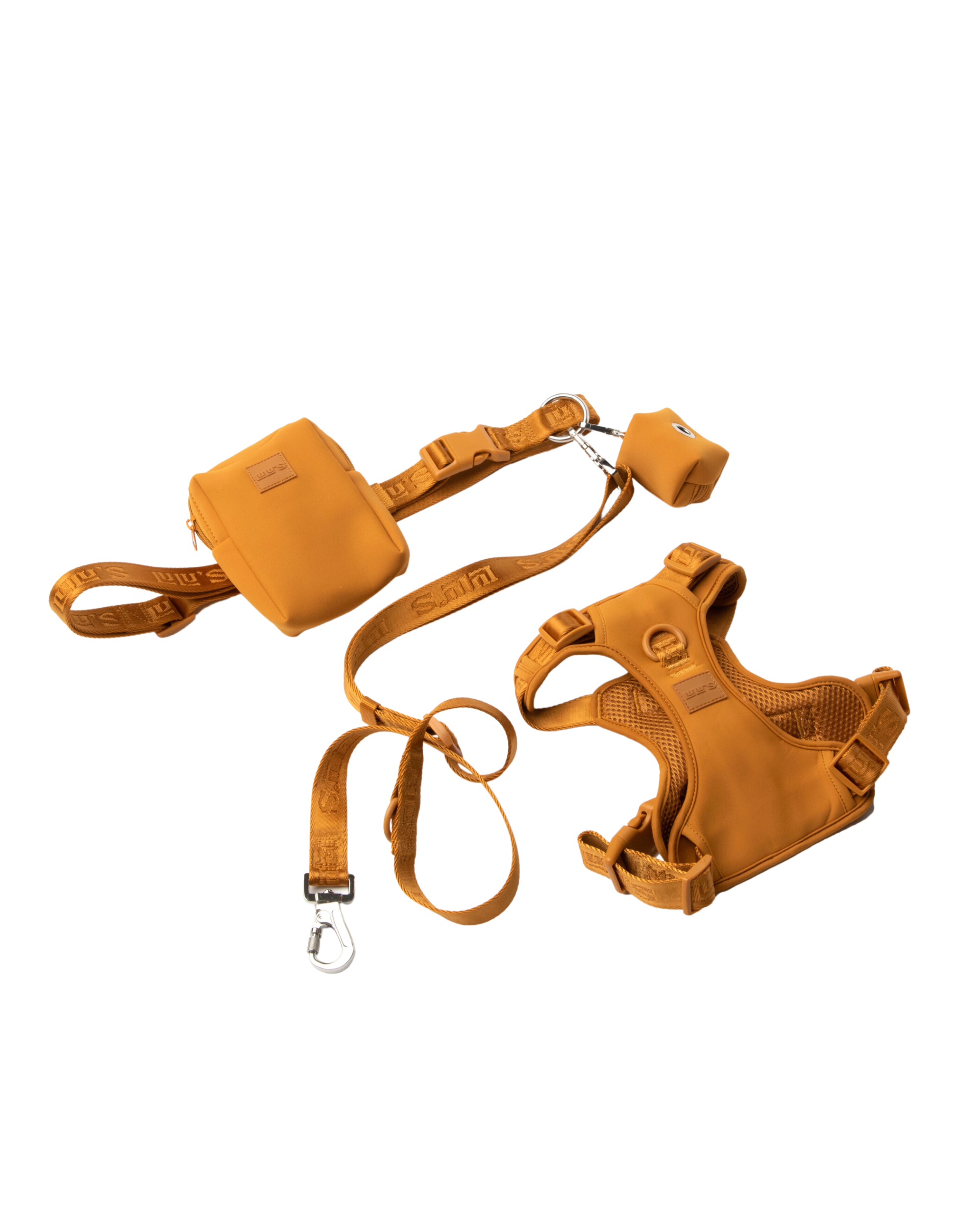 LULU's set in Sand orange, featuring a matching dog harness, leash, belt with an accessory pouch, and a small poop bag holder. The set is arranged on a white background, showcasing its coordinated design and practicality for dog walking