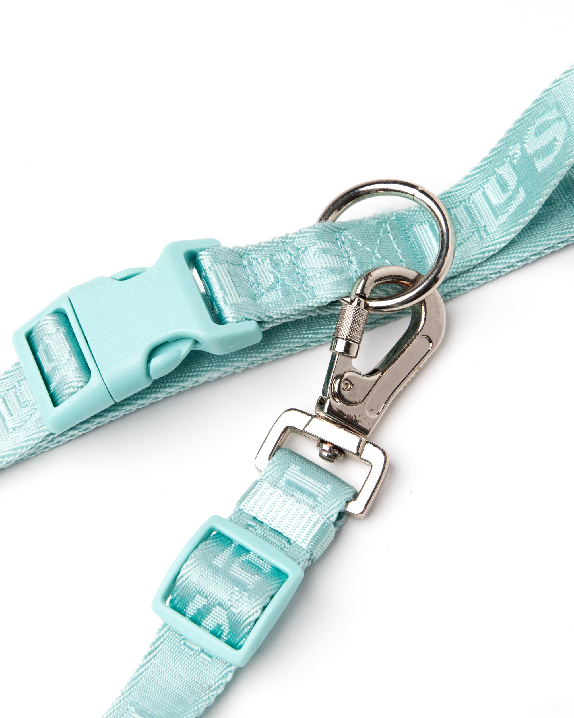 Close-up of a Cali Blue dog leash with adjustable straps and metal clasps, featuring the Lulu's brand logo.