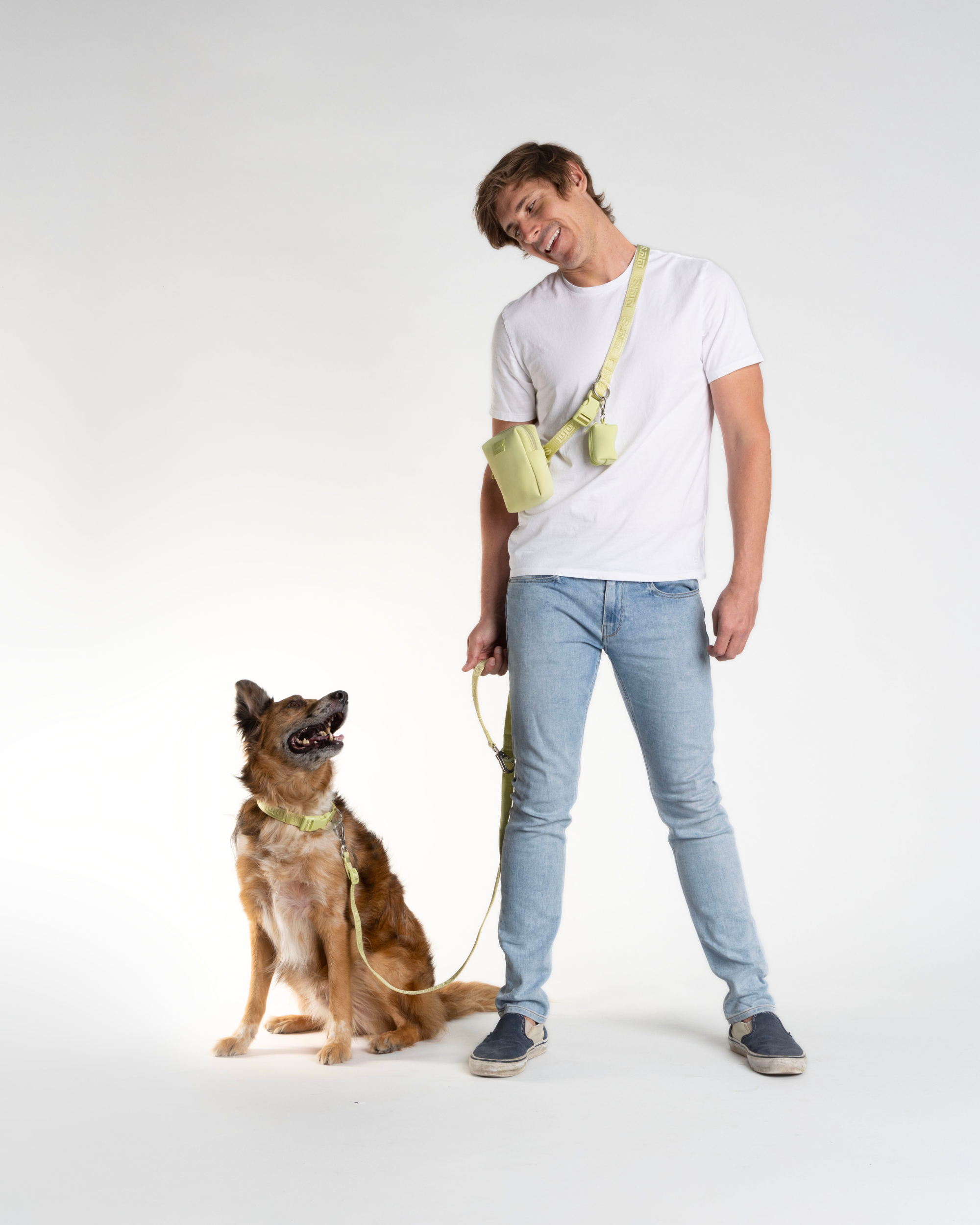 A man wearing a white t-shirt and jeans, using a citrus green Lulu's crossbody dog walking set, which includes a pouch and leash, walking a large dog with a matching Matcha Green harness. The man and dog are looking at each other, showcasing the stylish and functional dog walking gear