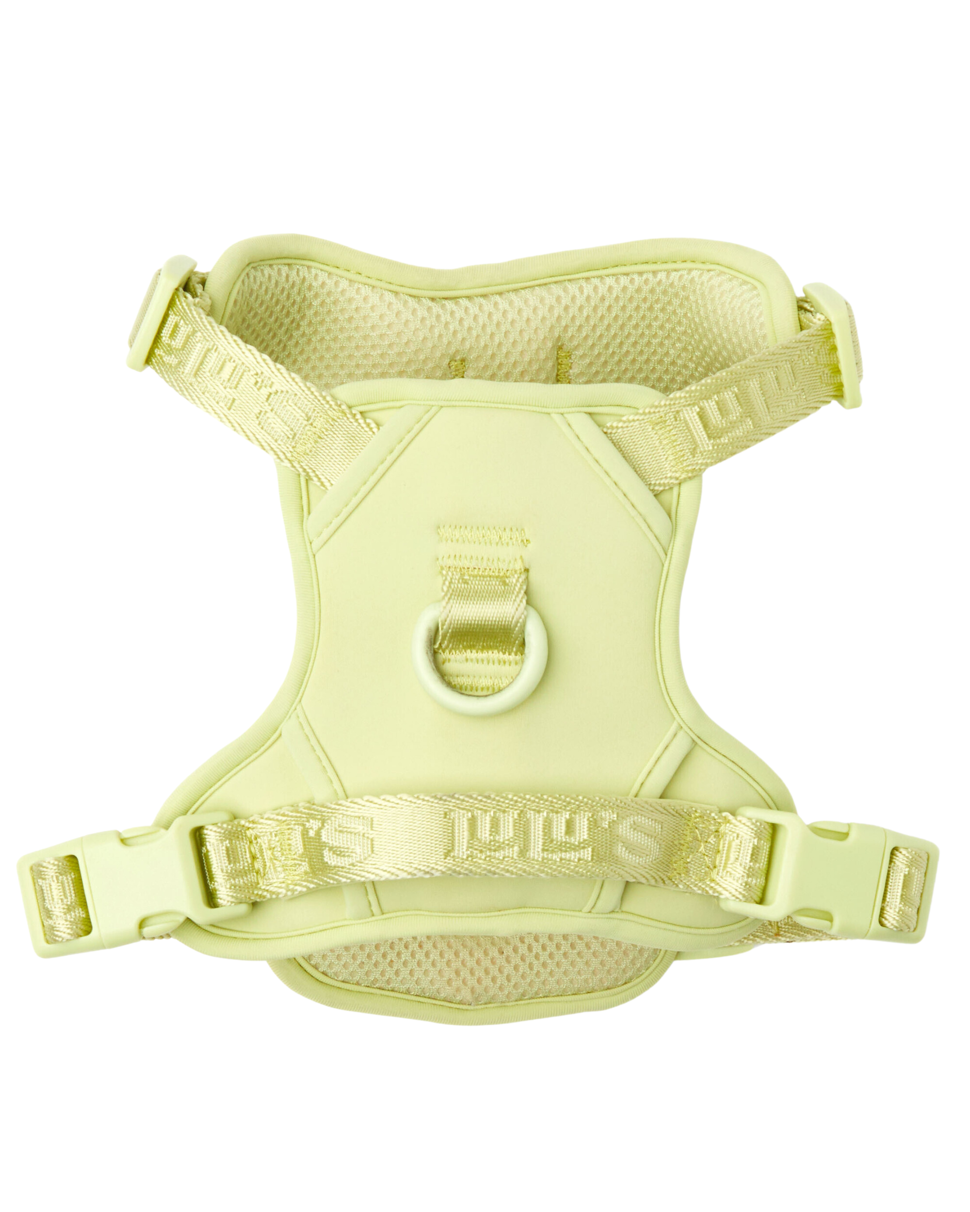 Close-up of a Matcha Green dog harness by Lulu's, featuring adjustable straps and a durable D-ring for leash attachment. The harness is designed with breathable mesh fabric for comfort.